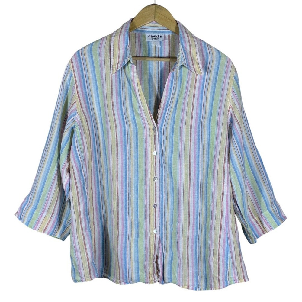 David N Woman Striped Button Up Pastel Multi-Color Coastal 3/4 Sleeve Size 2X